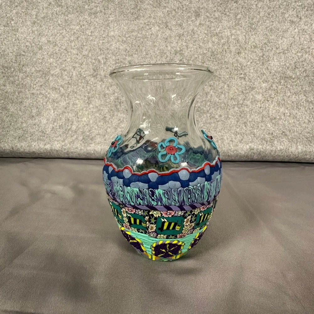 Handmade Polymer Clay Overlay Vase Small Multicolor Floral Bee Art Glass